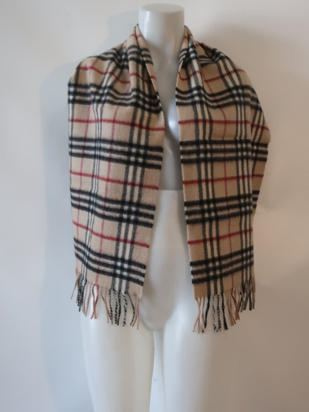Womens Burberry Beige Black Red (Item-22) Nova Check Cashmere Fringed Scarf